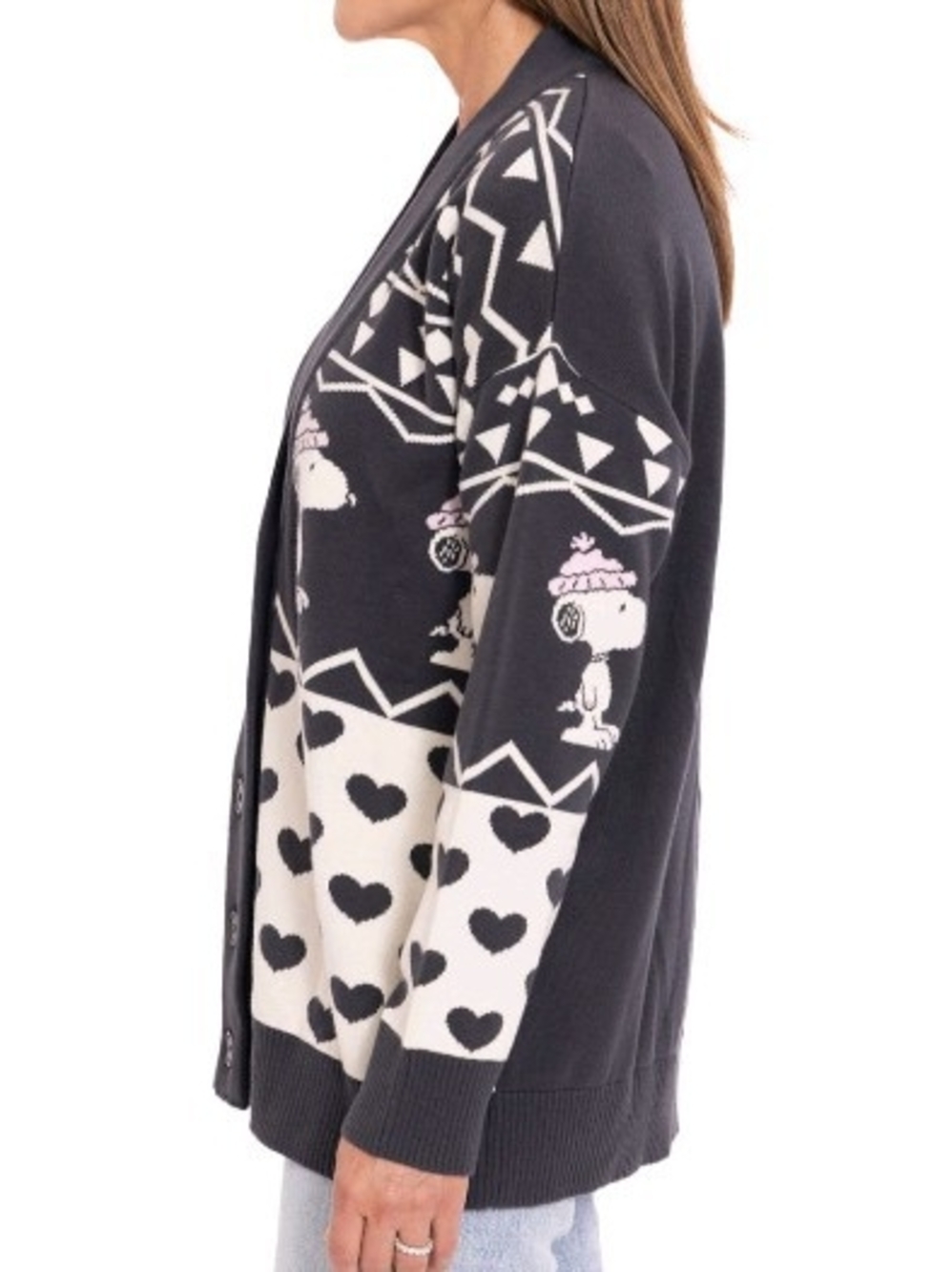 Snoopy Heart Pattern Button-Front Cardigan Sweater - Picture 3 of 6